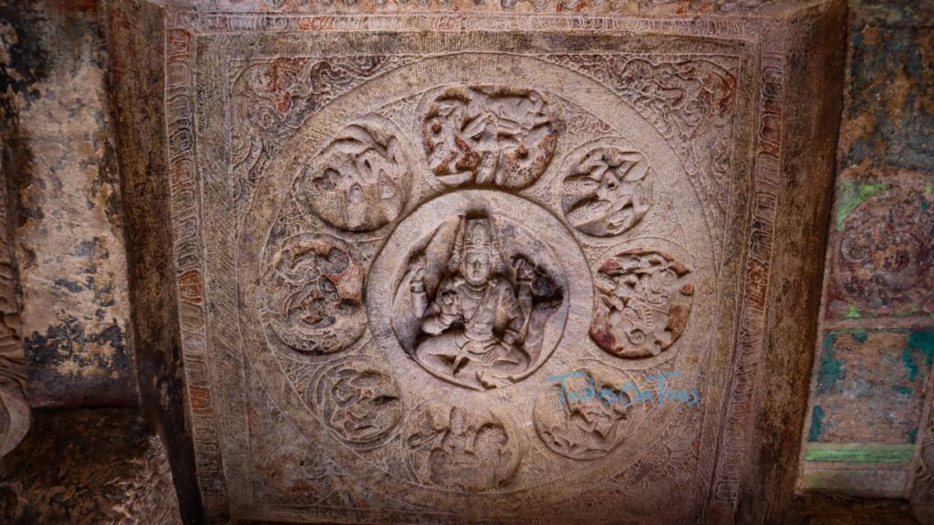 brahma indra varuna kubera karthikeya 1 - TwinsOnToes Ceiling of Brahma surrounded by Indra, Varuna, Kubera, and Karthikeya