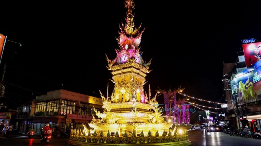 Light and sound show at the clock tower, Chiang Rai