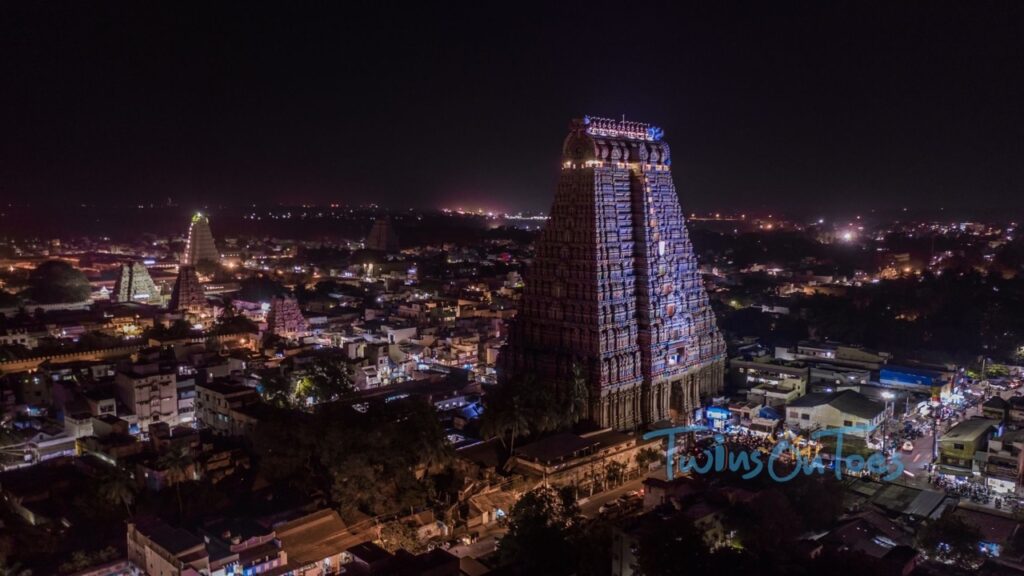 view of Srirangam gopurams lit at night