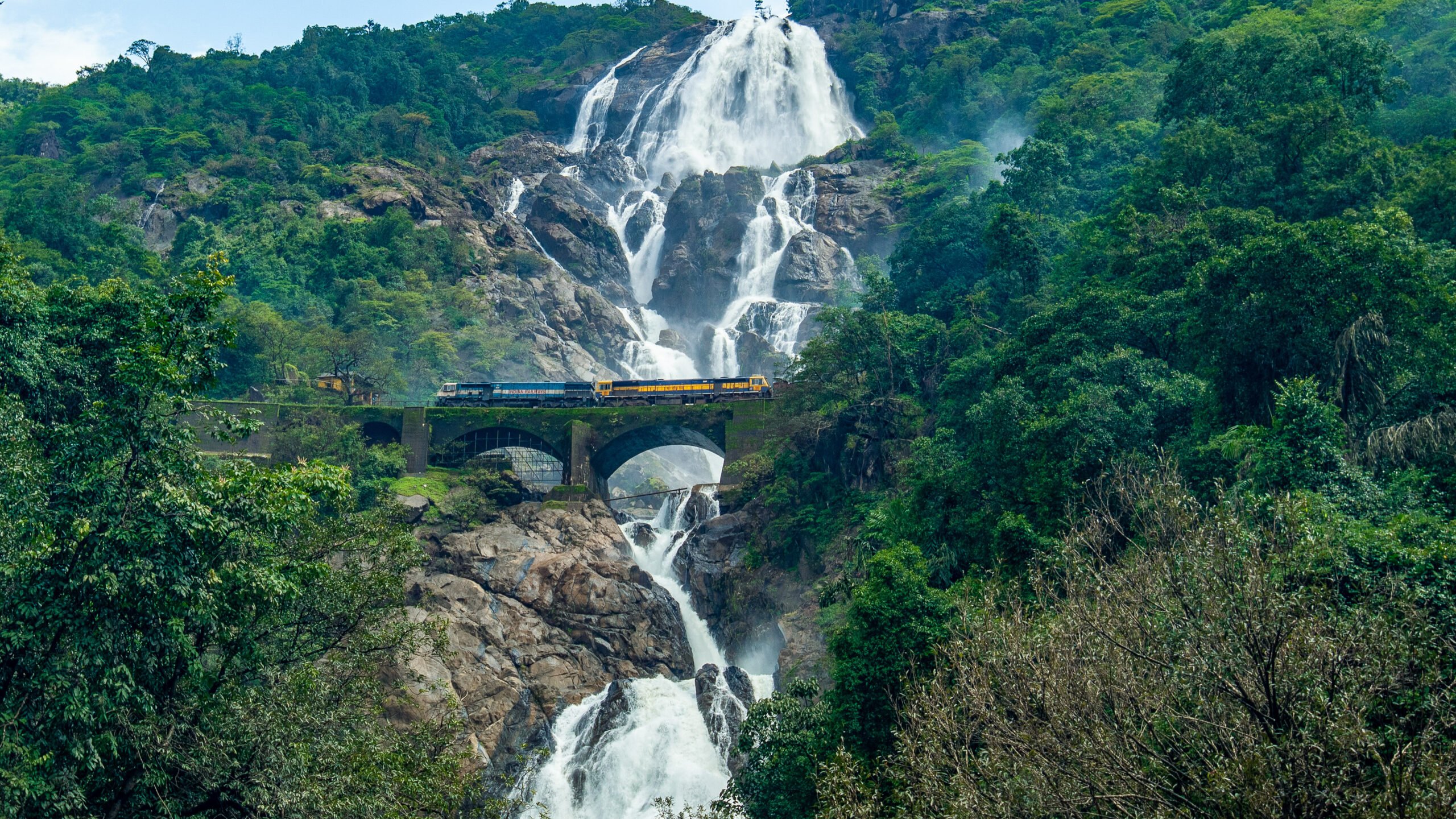 Train passing through the bridge Dudhsagar waterfall